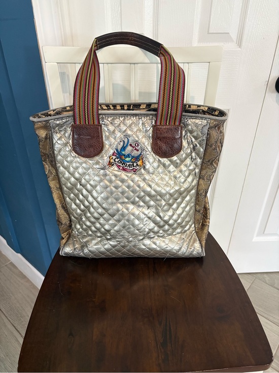 Consuela Handbags - Consuela Metallic Silver Quilted Tote with Snake-Print Sides